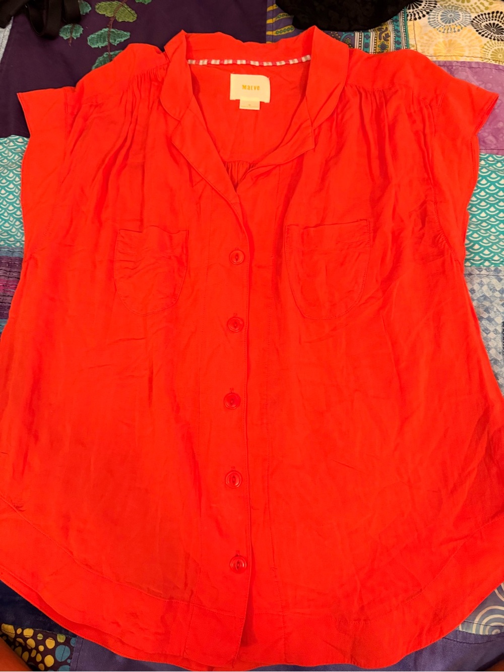 Maeve Bright Red Button-Front Cap Sleeve Blouse